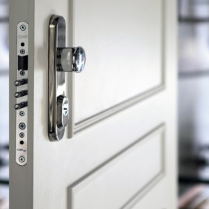 ADLO - Security door TEDUO, slat design, surface white 113, rounded fitting rustless Chrome glossy