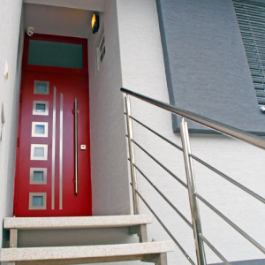 ADLO - exterior Termo door Kasim, door surface RAL9003, glass, top skylight, vertical door pull, oval