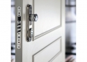 ADLO - Security door TEDUO, slat design, surface white 113, rounded fitting rustless Chrome glossy 